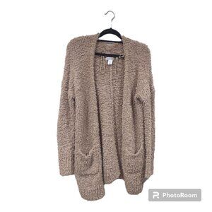 London Kaye Long Open Front Fuzzy Tan Cardigan Size Small